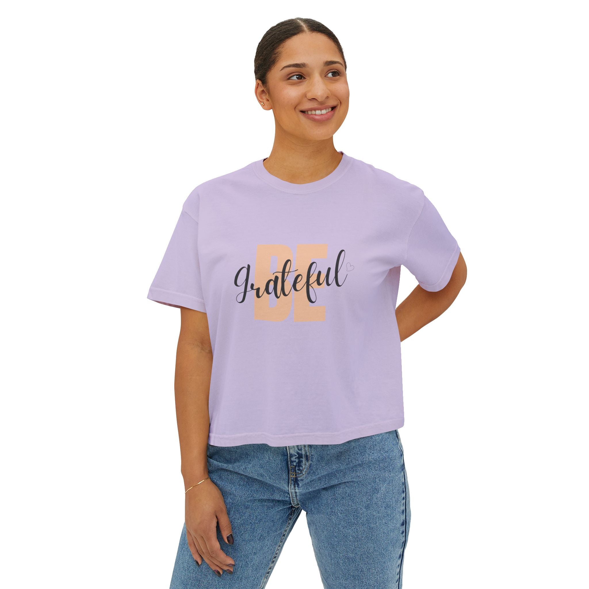 Be Grateful Boxy Tee — Inspirational Women's Graphic Tee for Thanksgiving & Everyday