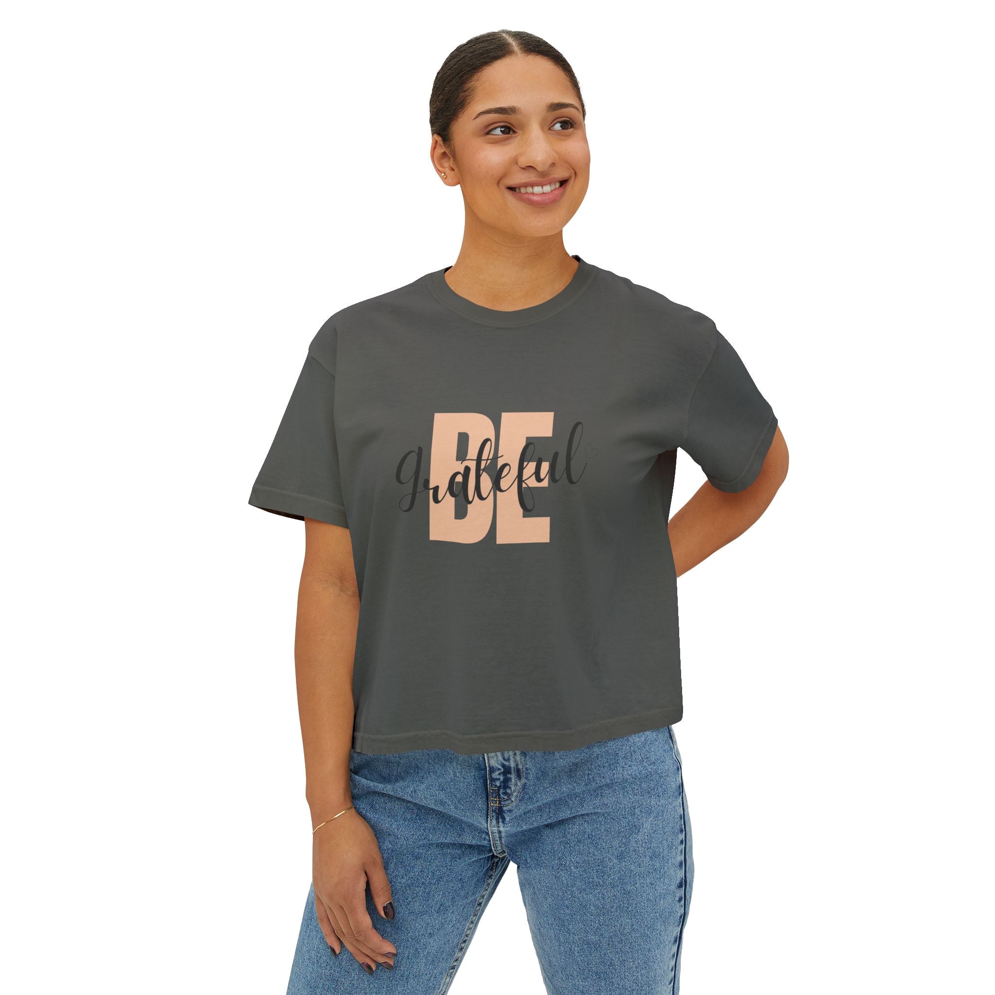 Be Grateful Boxy Tee — Inspirational Women's Graphic Tee for Thanksgiving & Everyday