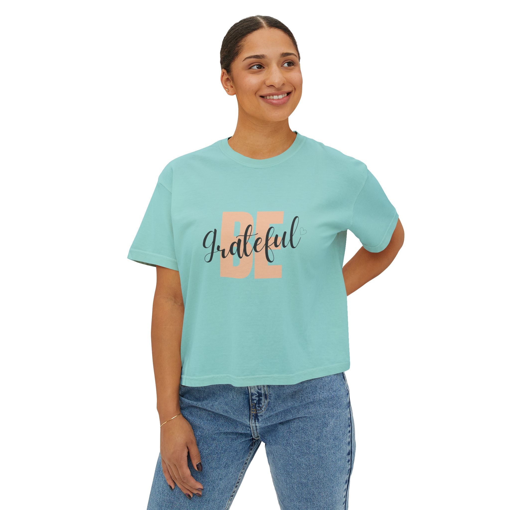 Be Grateful Boxy Tee — Inspirational Women's Graphic Tee for Thanksgiving & Everyday