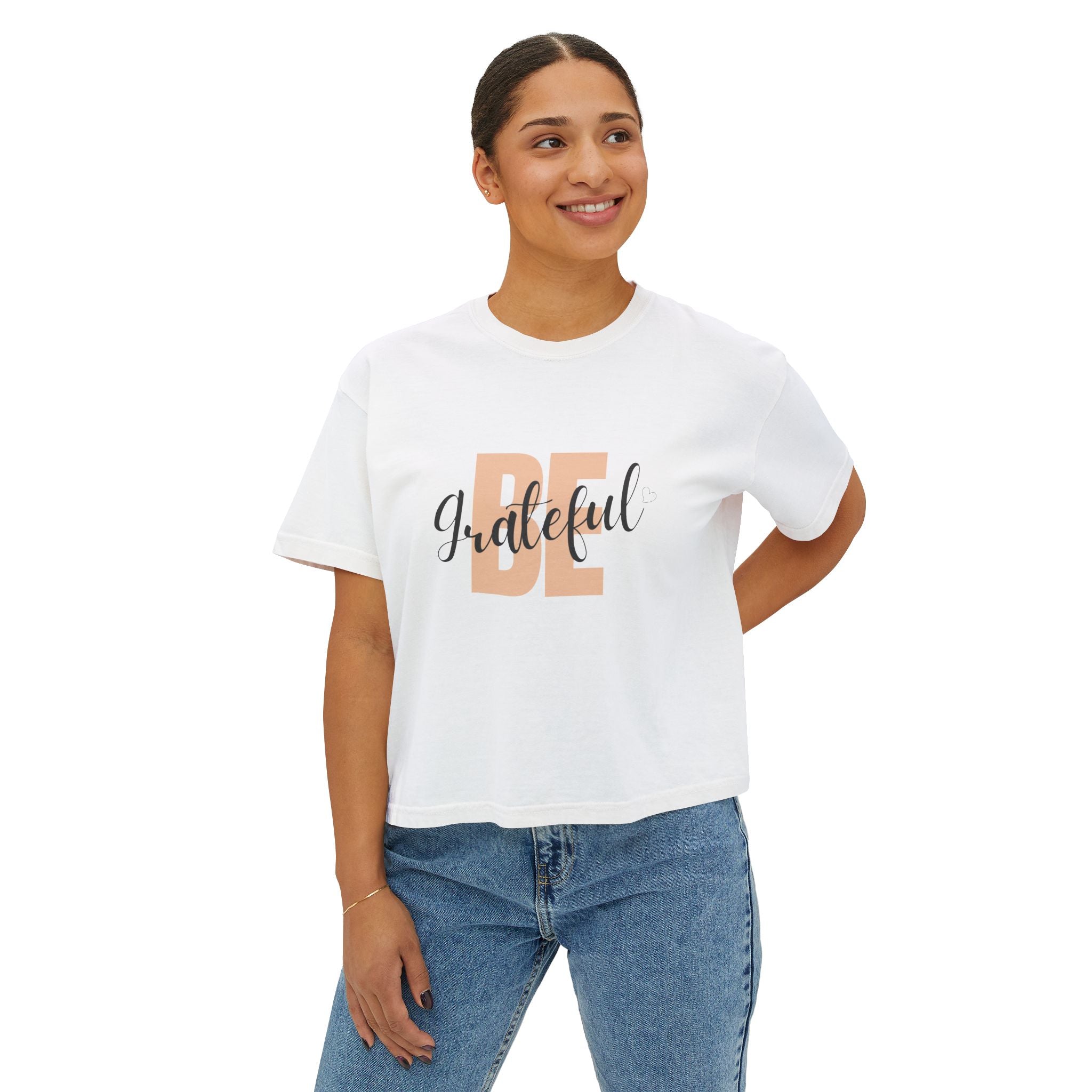 Be Grateful Boxy Tee — Inspirational Women's Graphic Tee for Thanksgiving & Everyday