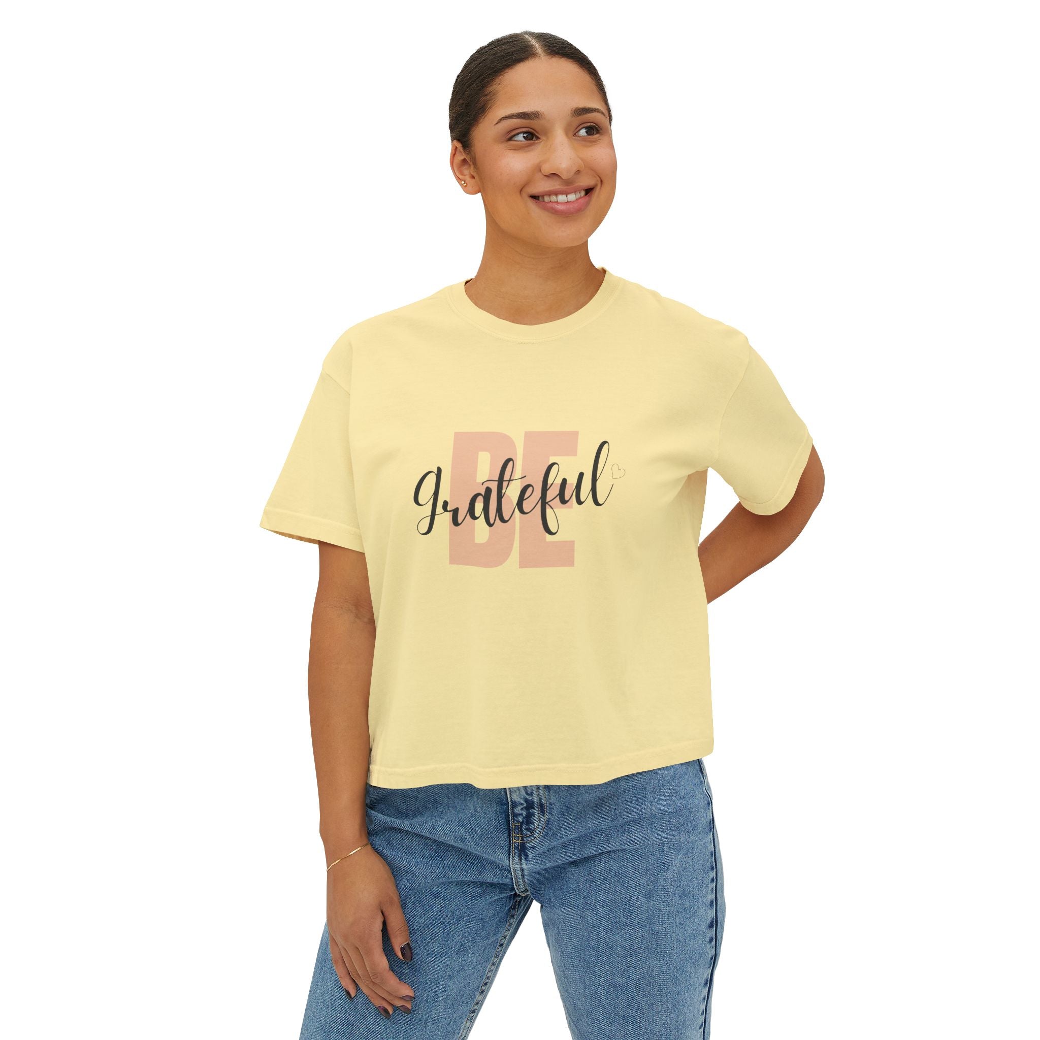 Be Grateful Boxy Tee — Inspirational Women's Graphic Tee for Thanksgiving & Everyday